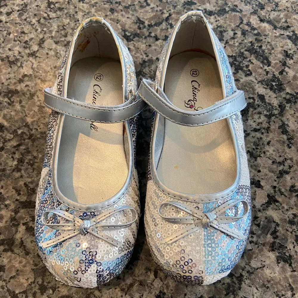 China Doll Silver Blue Sparkly Girls Shoes Mary Janes 8 12